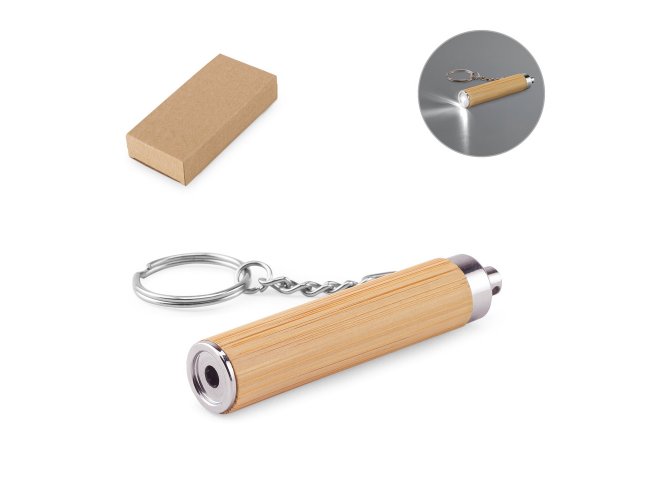 Chaveiro em bambu e ABS com lanterna LED personalizado